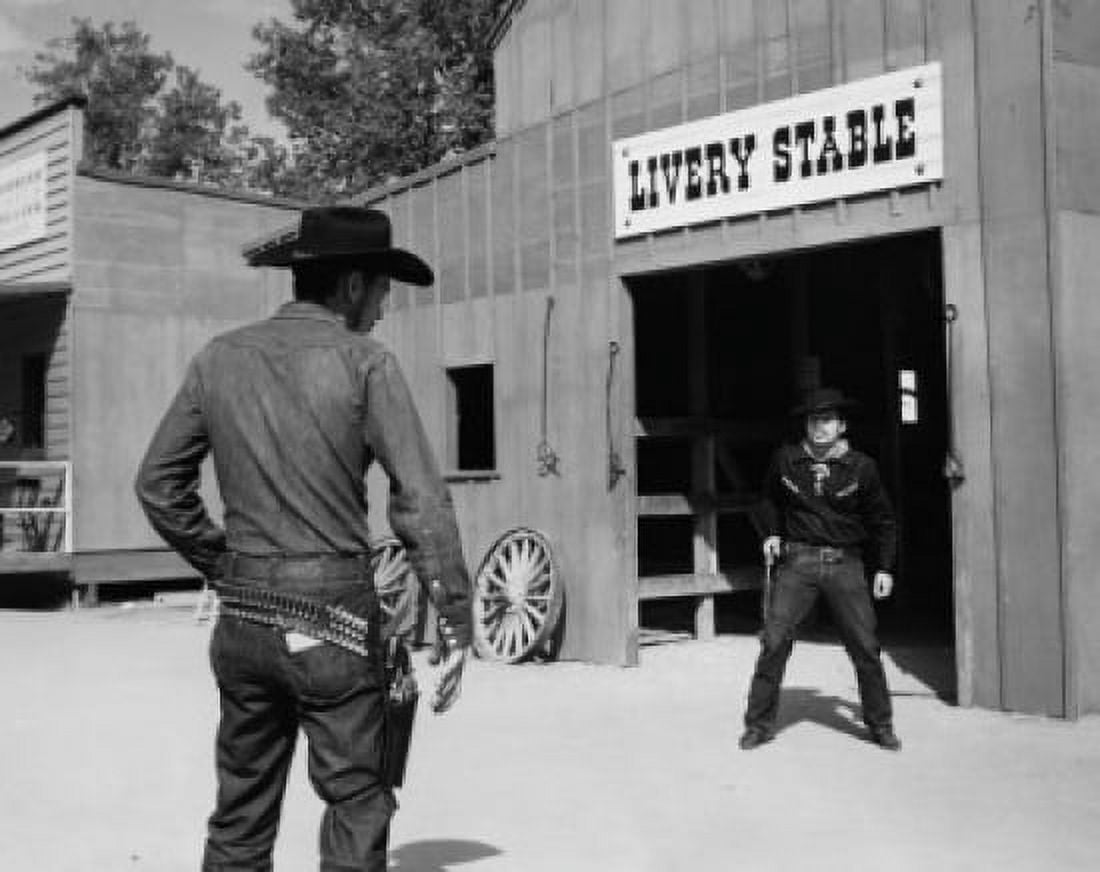 Two cowboys standing in front of a stable Canvas Art - (18 x 24)