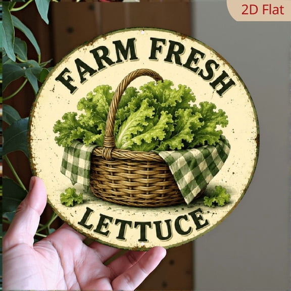 Two-dimensional Farm Fresh LettuceDecorative Sign, Vintage Round Metal Hanging Plaque, Suitable for Farmhouse Home Decor Kitchen Wall Art, Two-dimensional