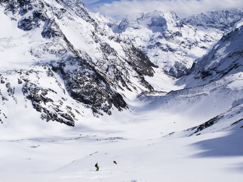 Two distant skiers descend from Chateau de dames into Cervinia Italy Canvas Art - Penny Kendall Design Pics (17 x 13)