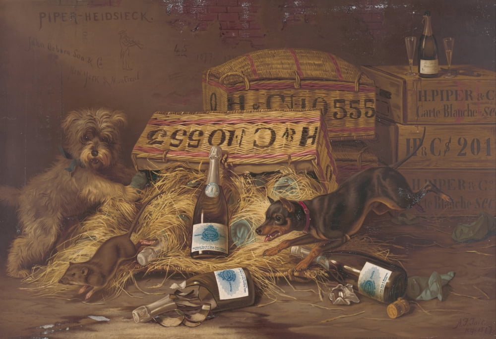 Two dogs chasing mouse through open case of champagne c1887 Canvas Art - Herman Bencke (18 x 24)