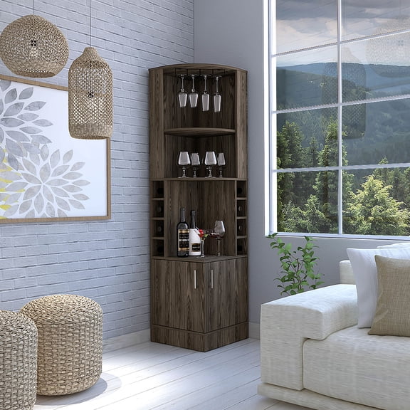 Two - door Espresso Corner Bar Cabinet | Space - saving for Home Bars | Made of Particle Board | Overcomes Storage Limitations