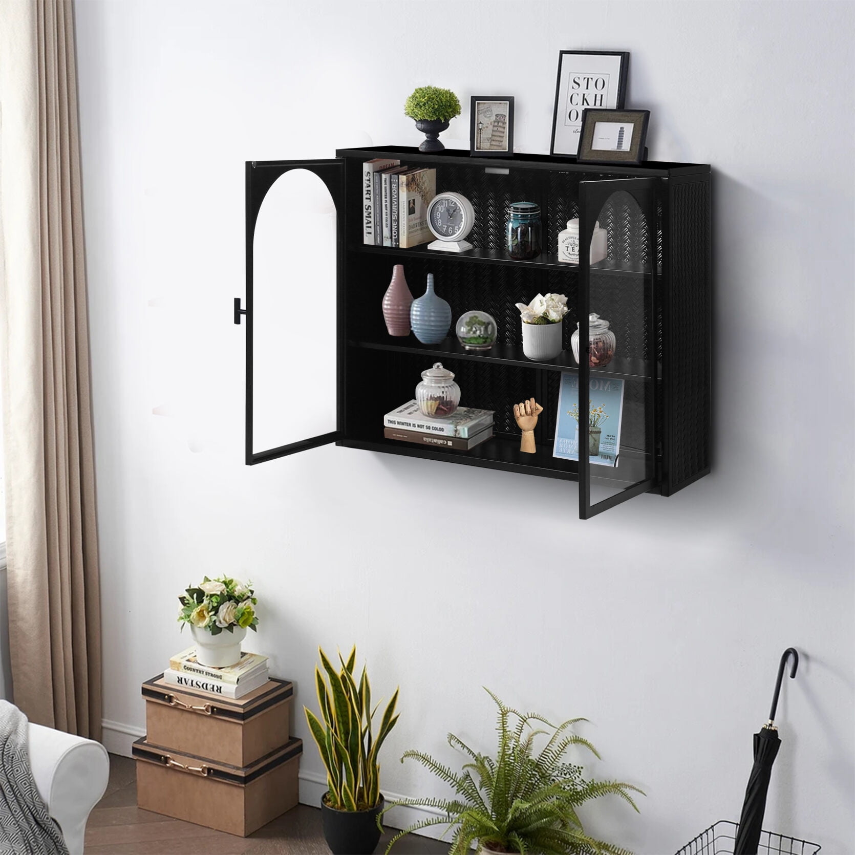 Two door Wall Cabinet Modern Kitchen Wall Mounted Cabinet with 2 Glass Arch Doors Three tier Storage Characteristic Woven Pattern Metal Wall
