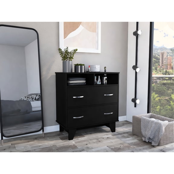 Two-drawer and shelf black particle board dresser / Great for storing accessories