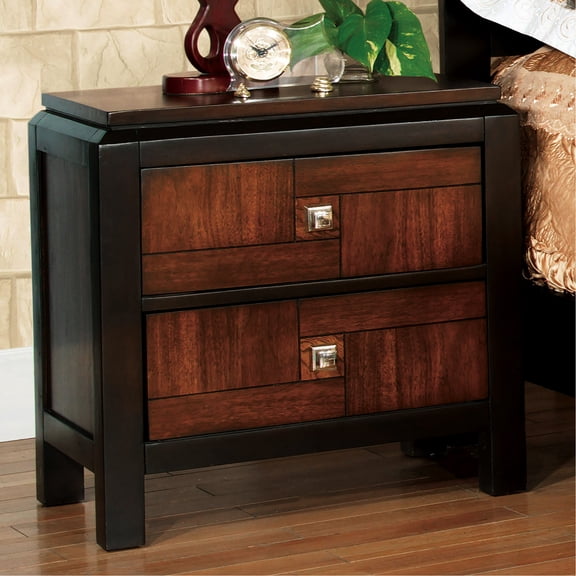 Two - drawer solid wood nightstand / In a rustic bedroom / Offers a warm feel