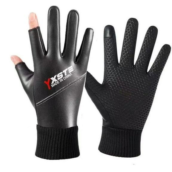 Two finger leather gloves for men's winter cycling, fishing, waterproof riding, motorcycle riding, with plush insulation and touch screen