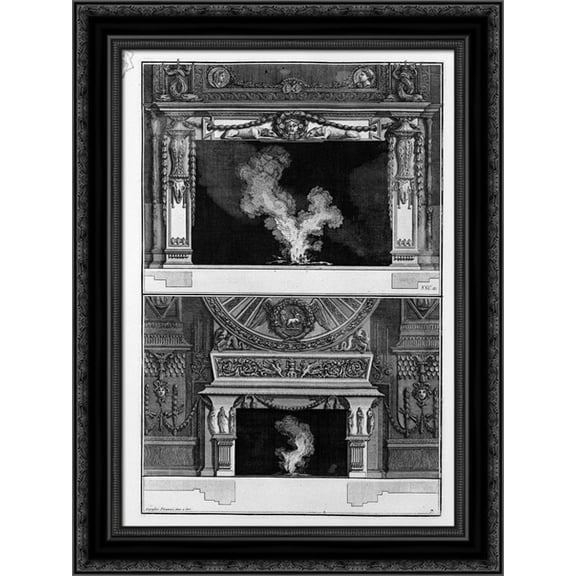 Two fireplaces overlapping: the support with a mask wreathed crouched between two greyhounds 20x24 Black Ornate Wood Framed Canvas Art by Piranesi, Giovanni Battista