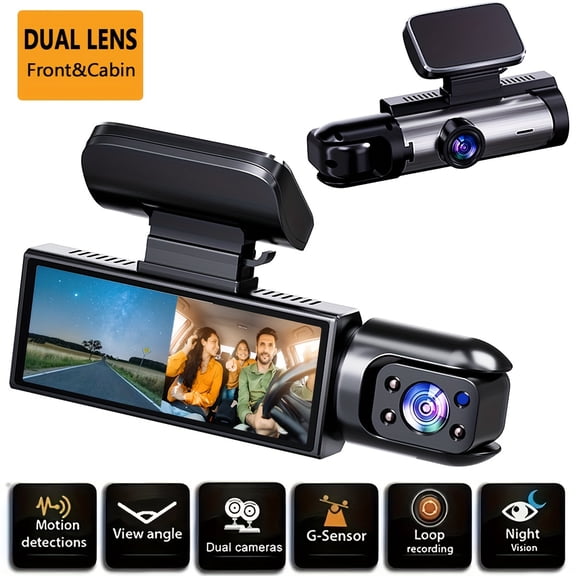 Two front-facing cameras and in-car dashboard cameras, with G sensors, loop recording, night vision, motion detection, parking monitoring - dashboard and cabin views, compatible with PC with 64G card,