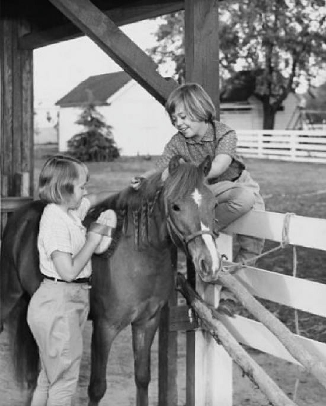 Two girls grooming their horse Canvas Art - (18 x 24)