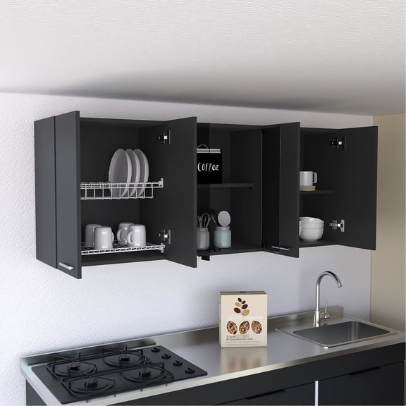 Two glass doors for center shelves / Stylish black wall cabinet for room decor