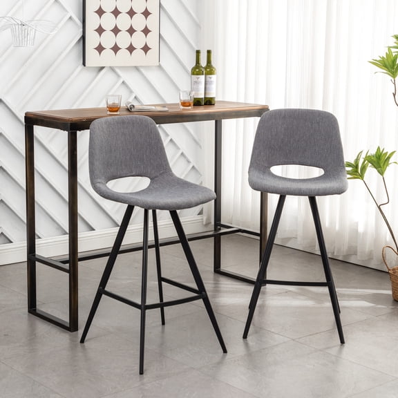 Two gray 28.25" counter height stools for kitchen with built-in footrests and easy setup
