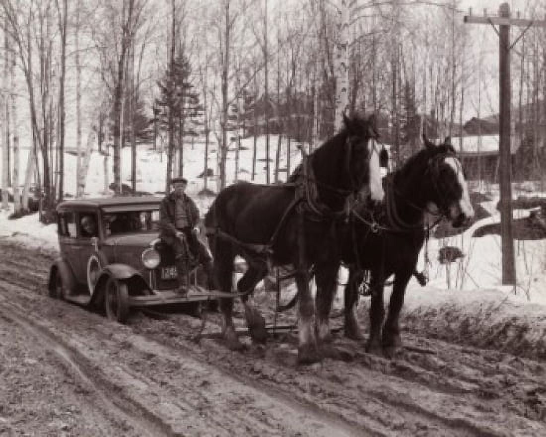 Two horses towing a vintage car Canvas Art - (18 x 24)