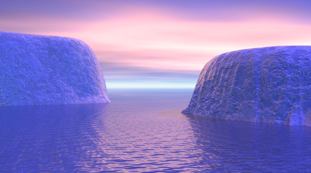 Two icebergs face to face in the ocean with pink and violet sunrise Canvas Art - Elena DuvernayStocktrek Images (19 x 11)