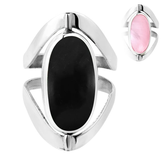 Two in One Oval Black Onyx and Pink MOP Inlay Sterling Silver Ring