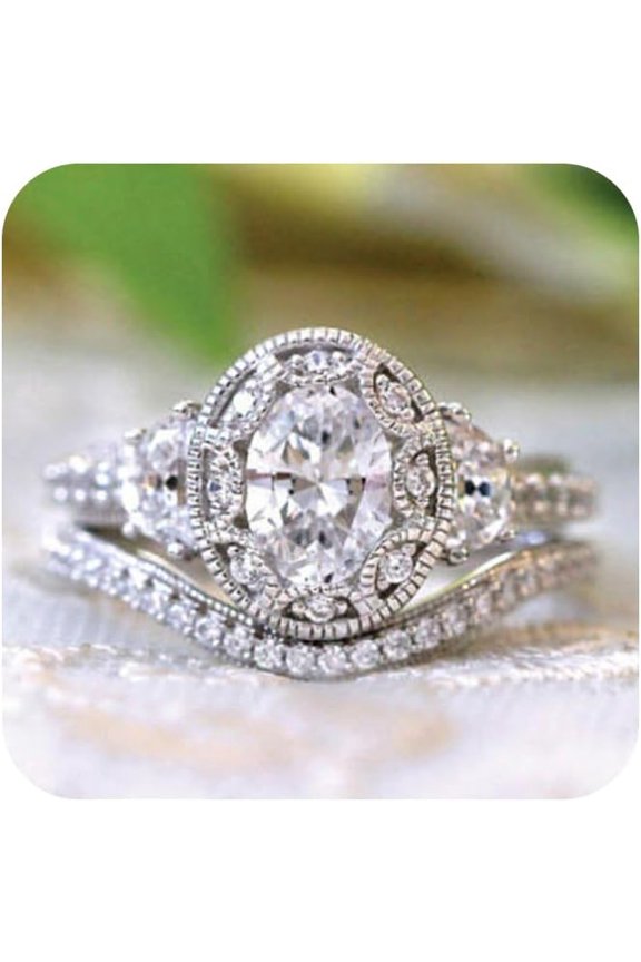 Two-in-One Stackable Cubic Zirconia Bridal Rings Sets Oval Cut CZ Engagement Rings Wedding Band for Women 1.5CT 925 Sterling Silver Simulated Diamond Ring (9#)