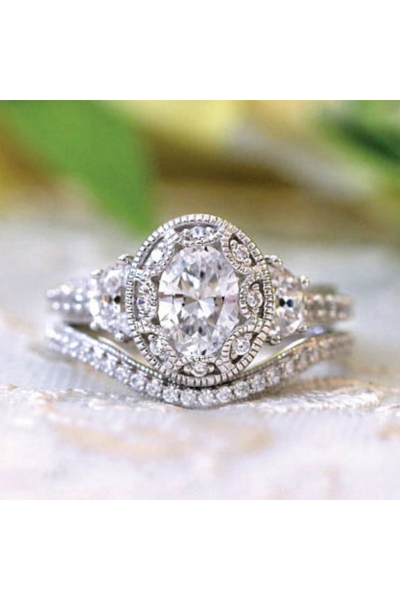 Two-in-One Stackable Cubic Zirconia Bridal Rings Sets Oval Cut Engagement Rings Wedding Band for Women 1.5CT 925 Sterling Silver Simulated Diamond Ring