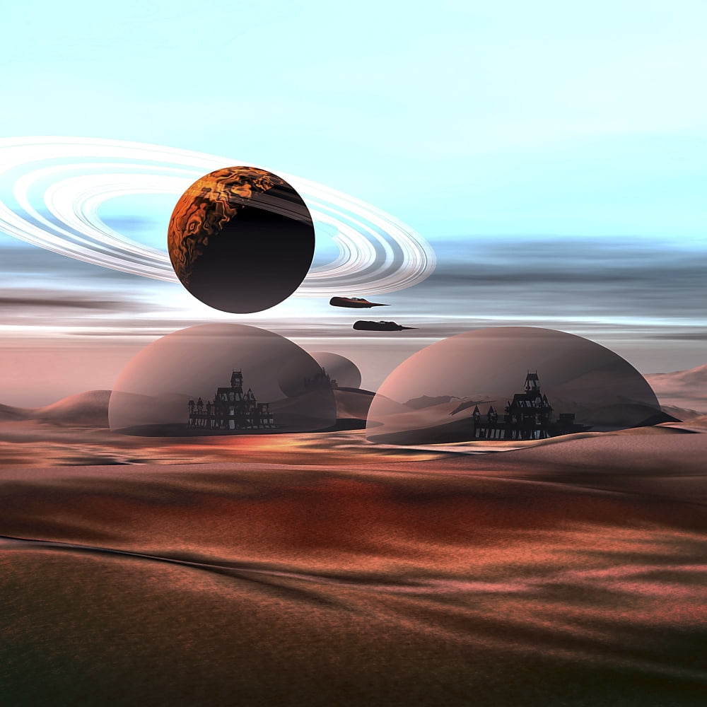Two jet aircraft fly over dome structures on Mars Canvas Art - Corey FordStocktrek Images (28 x 28)