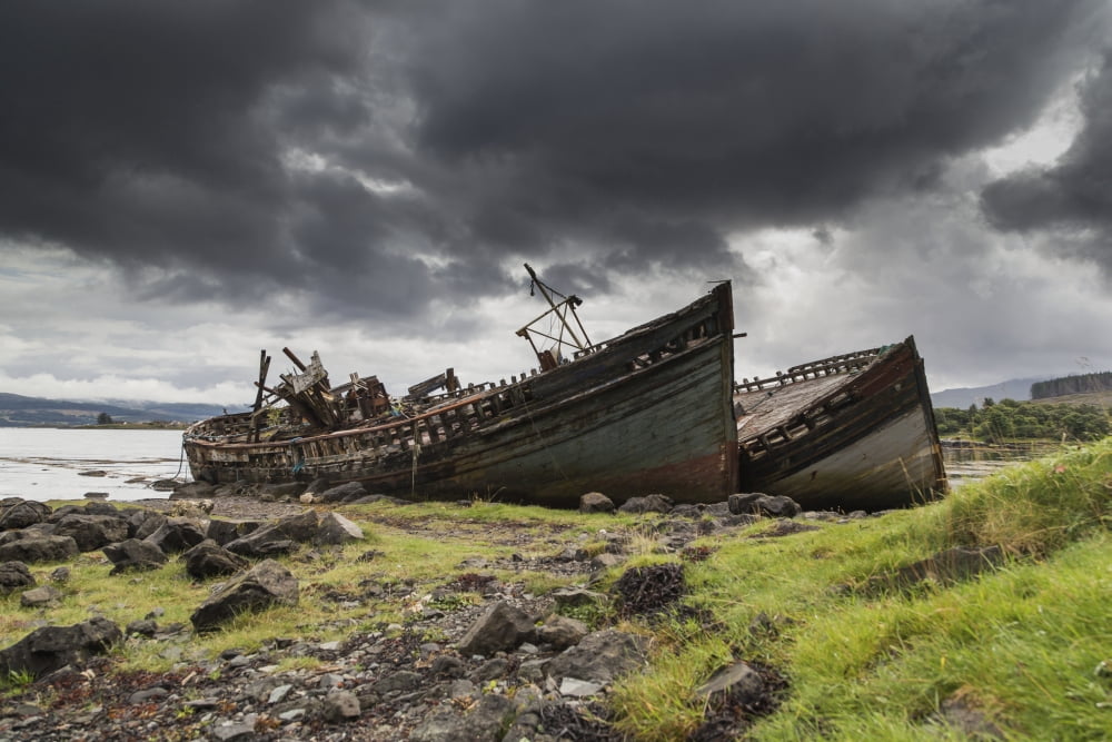 Two large boats abandoned on the shore Isle of Mull Argyll and Bute Scotland Canvas Art - John Short Design Pics (19 x 12)