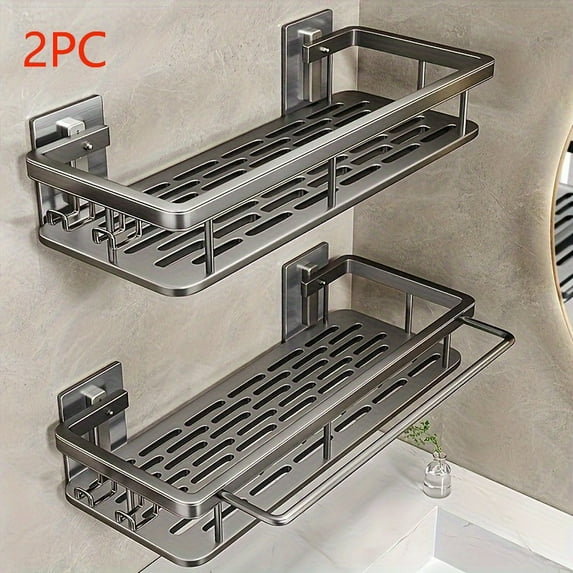 Two-layer Stainless Steel Shower Hanging Basket, Wall-mounted Bathroom Organizer, Polished and Rust-proof Surface, No Drilling Required, Shampoo and Conditioner Shelf, Space-saving Rectangular Design