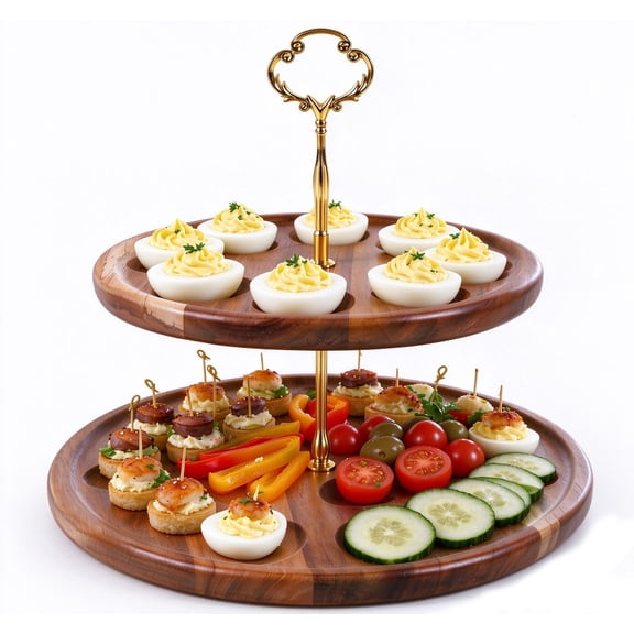 Two-layer wooden deviled egg tray with 21 holes, reversible serving tray rack, Thanksgiving and Christmas platter board