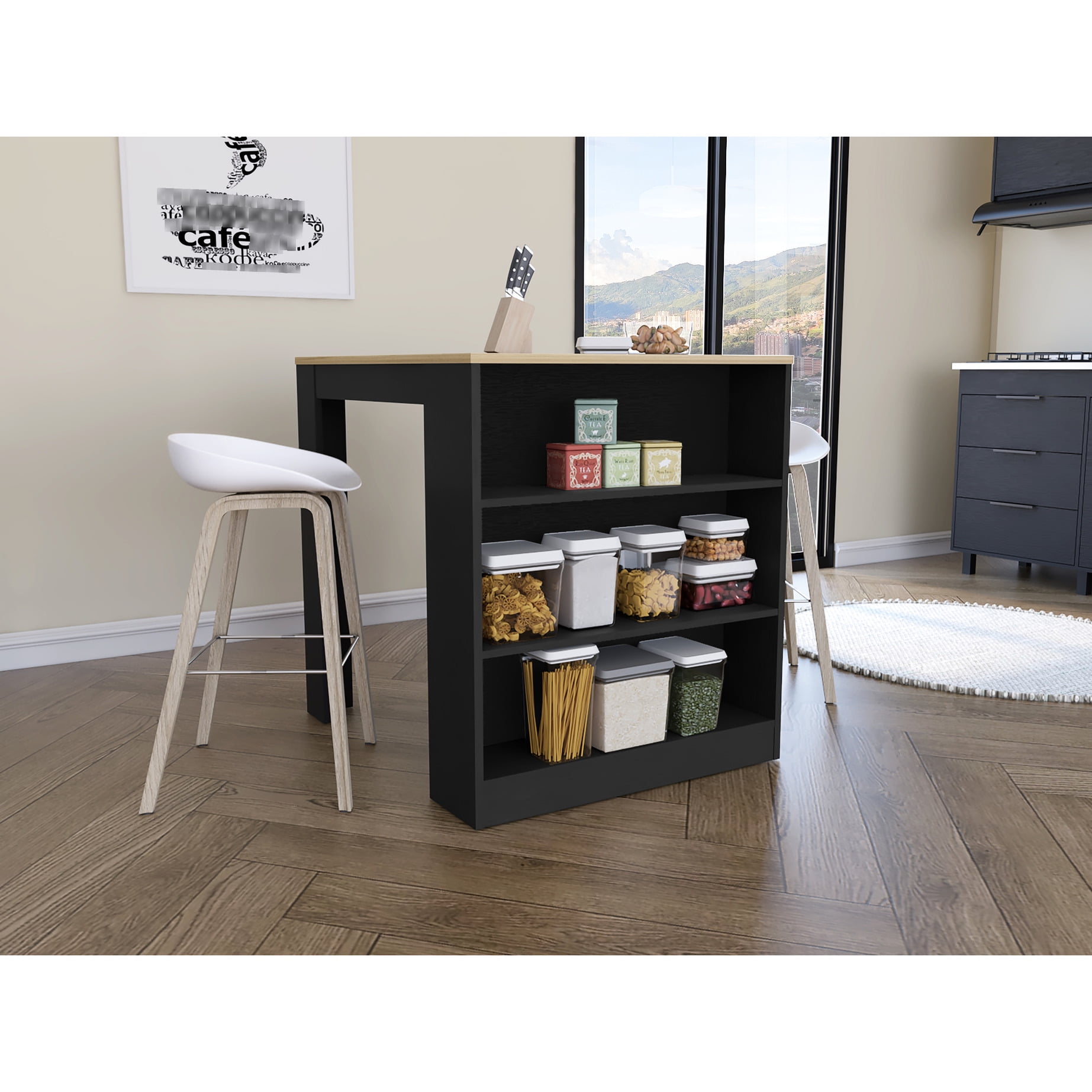 Two-leg, three-side shelf counter dining table with modern color combo ...