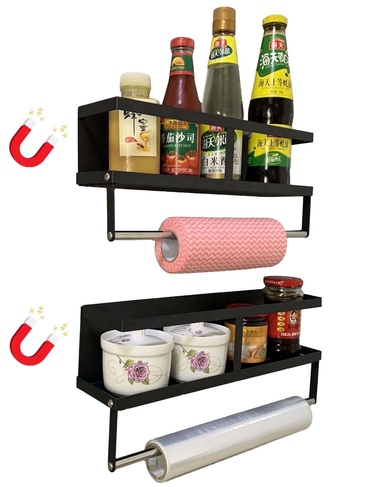 Two magnet shelves (15 inch and 16 inch), 6 hooks, paper towel rack. Refrigerator organizer bin. Kitchen organizer.