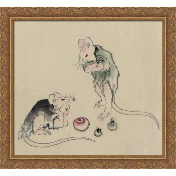 Two mice, one lying on the ground with head resting on forepaws 30x28 Large Gold Ornate Wood Framed Canvas Art by Katsushika Hokusai