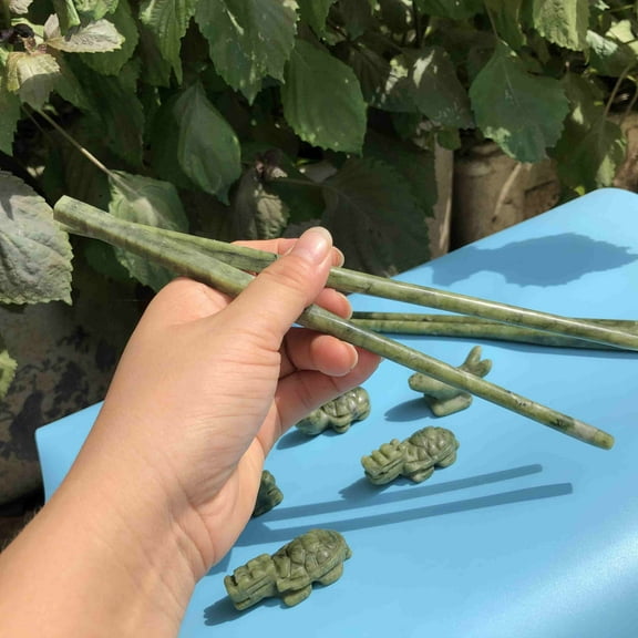 Two pair of Chopstick Hand Carved Natural Green Jade With two cute Turtle Fish Dragon Rest Holder, Jadeite Fine Dining Nephrite Spinach