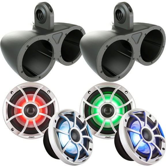 Two pairs of Wet Sounds XS-65i-S-RGB LED 6.5" 60 Watt RMS Speakers with Kicker KMTED Black Tower/Roll Bar Enclosures