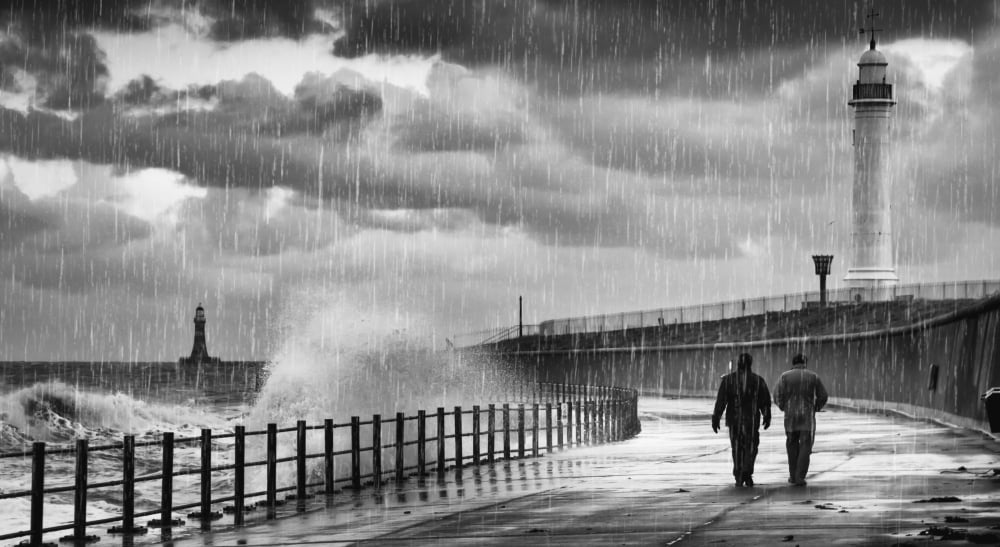 Two people walking along the waters edge in the rain with waves crashing into the shore and a lighthouse in the background Sunderland Tyne and Wear England Canvas Art - John Short Design Pics (40 x 2