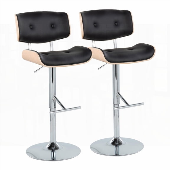 Two-piece Chrome Metal Barstools with Natural Wood & Black Faux Leather and 360° Swivel by LumiSource