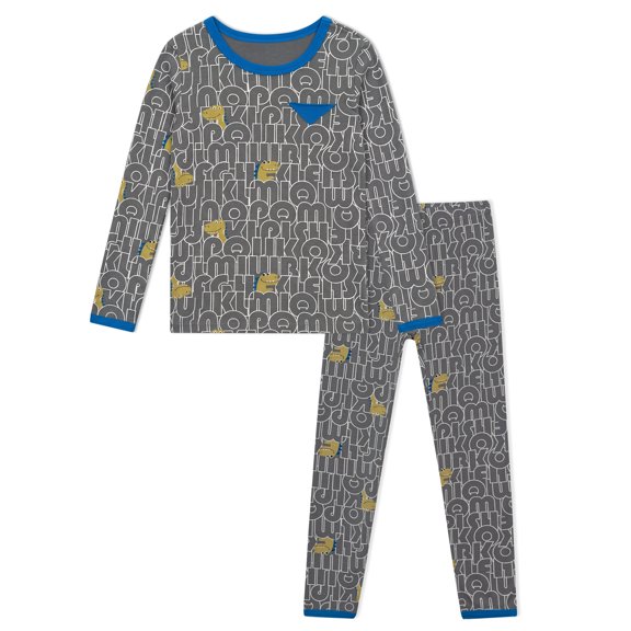 NIPAXO Boys Pajamas Set Long Sleeve Dinosaur Letter Print Casual Sleepwear with Blue Trim for Toddler Little Boys
