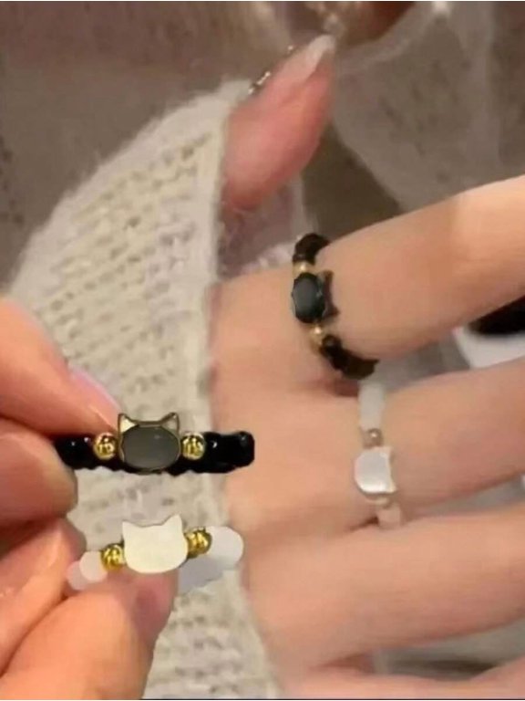 Two piece Ring Ring Two-Piece Cat Head Beaded Ring Set Black White Fashion