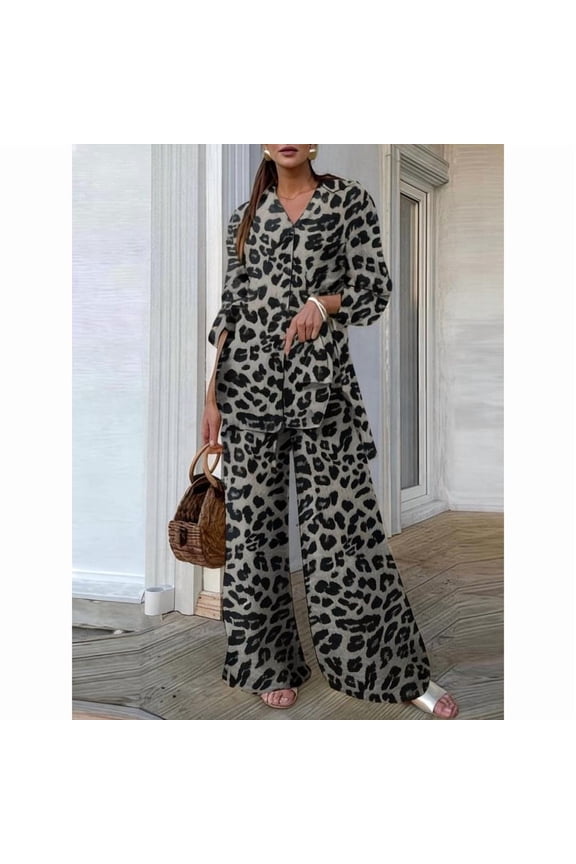 Two-piece Set Women's Leopard Print Button Front Shirt & Elastic Waist Wide Leg Pants, Casual Long Sleeve Pocket Collared Top & Tie Front Trousers for Daily Wear