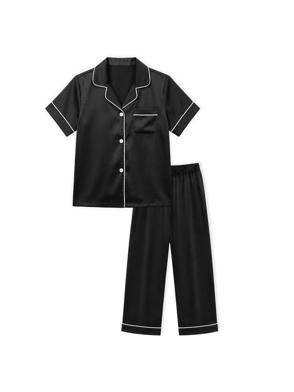 Girls Pajamas Set Short Sleeve Button-Down Solid Black Piping Long Pants Sleepwear Satin for Kids