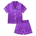 thumbnail image 1 of NIPAXO Girls Pajamas Set Short Sleeve Button-Down Solid Purple Piping Shorts Sleepwear Satin for Kids, 1 of 8
