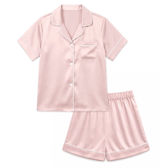 NIPAXO Girls Pajamas Set Short Sleeve Button-Down Silk Satin Sleepwear with White Piping for Toddler and Kids
