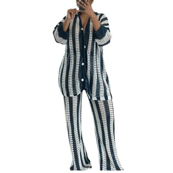 Women’s Plus‑Size 2‑Piece Crochet Mesh Set – Black & White Cardigan & High‑Waisted Flared Pants, Summer Casual