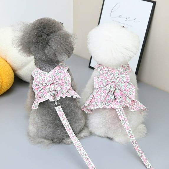 Two-piece set Summer Dog Harness Pink Flower Harness Dress Pet Cat Dog Leash Set Puppy Vest Harness Lead Kit for Chihuahua Yorkshire Terrier