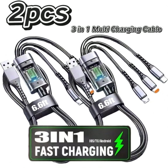 Two-piece set, three-in-one 100W fast charging cable. Intelligent ultra-fast charging, supports multiple charging interfaces, USB charging cable with visible battery level.