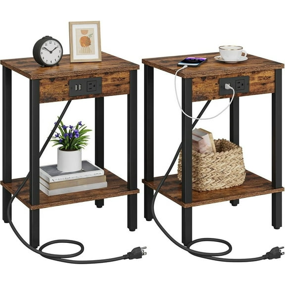 Set of 2 End Table with Charging Station, Narrow Side Table with USB Ports and Outlets, Nightstands with 2-Tier Storage Shelves,Bedroom