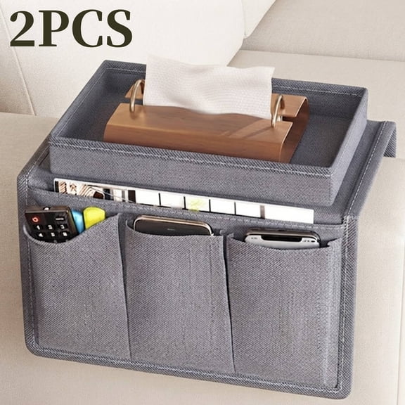 2-Piece Sofa Armrest Tray Organizer with Cup Holder, Spill-Proof Couch Armrest Storage Box and Drink Stand, Gray