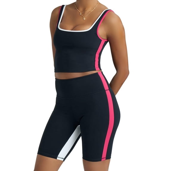 Two piece workout sets for women, 2 piece Gym Sets Tank Top Shelf Sports Bra And Matching Biker Shorts Running Work Out Yoga (Black Night/Poppy Pink/White Light) X-Large