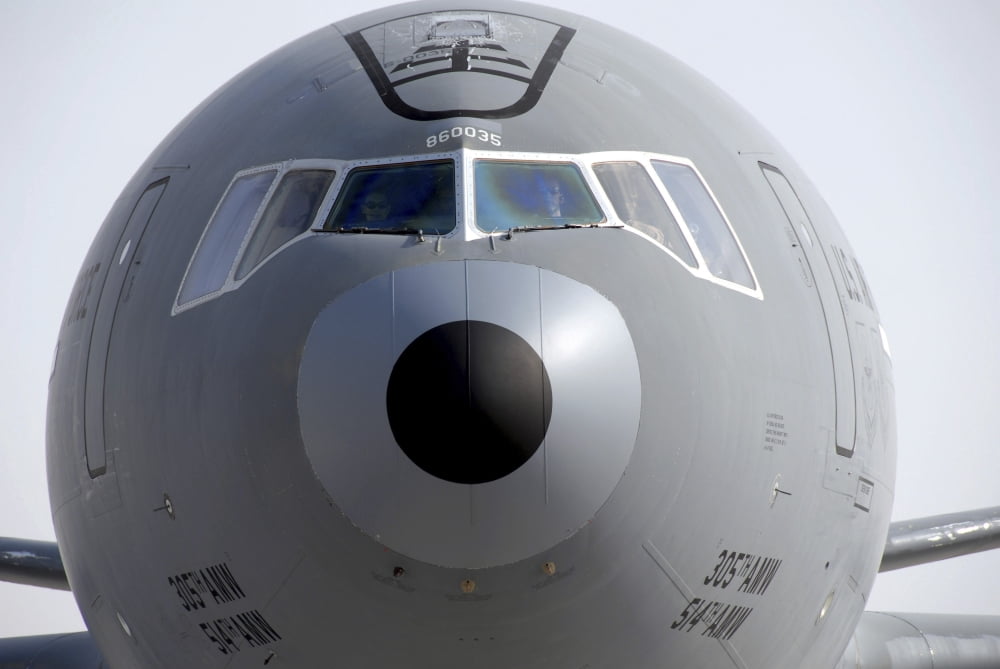 Two pilots in a KC-10 Extender pull into a parking spot Canvas Art - Stocktrek Images (34 x 23)