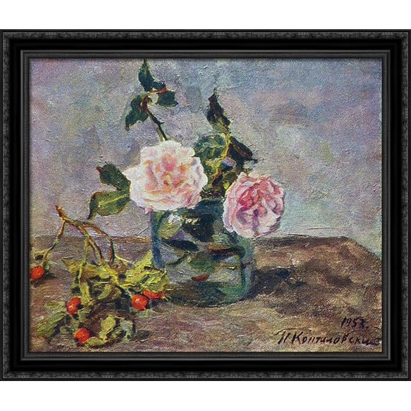 Two roses and dogrose berries 32x28 Large Black Ornate Wood Framed Canvas Art by Pyotr Konchalovsky