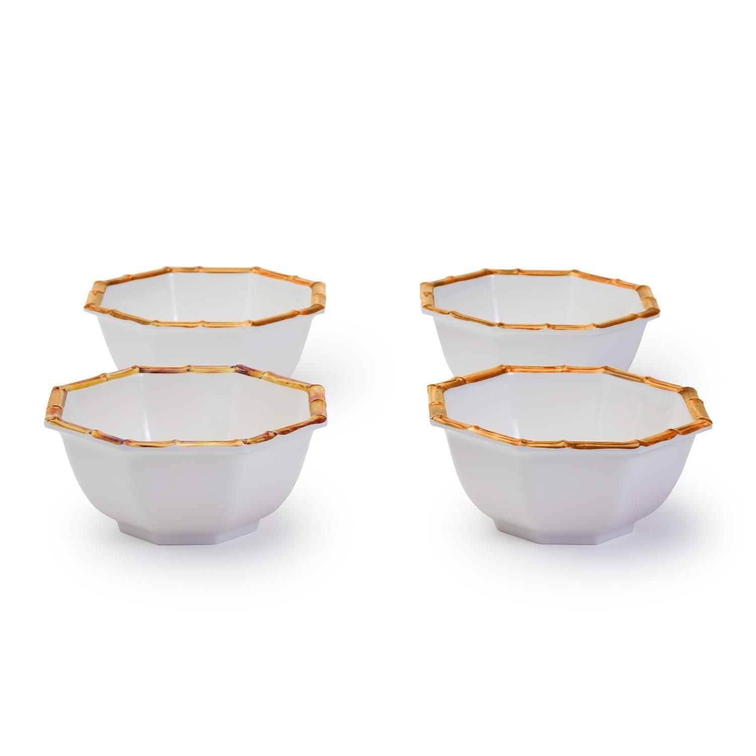 Set of 4 White and Bamboo Plastic Octagonal Bowls
