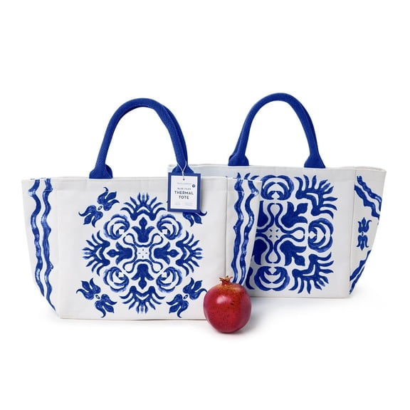 Two's Company Blue Tile Block Printed Thermal Lunch Tote Bag Assorted 2 Designs - Cotton/Nylon