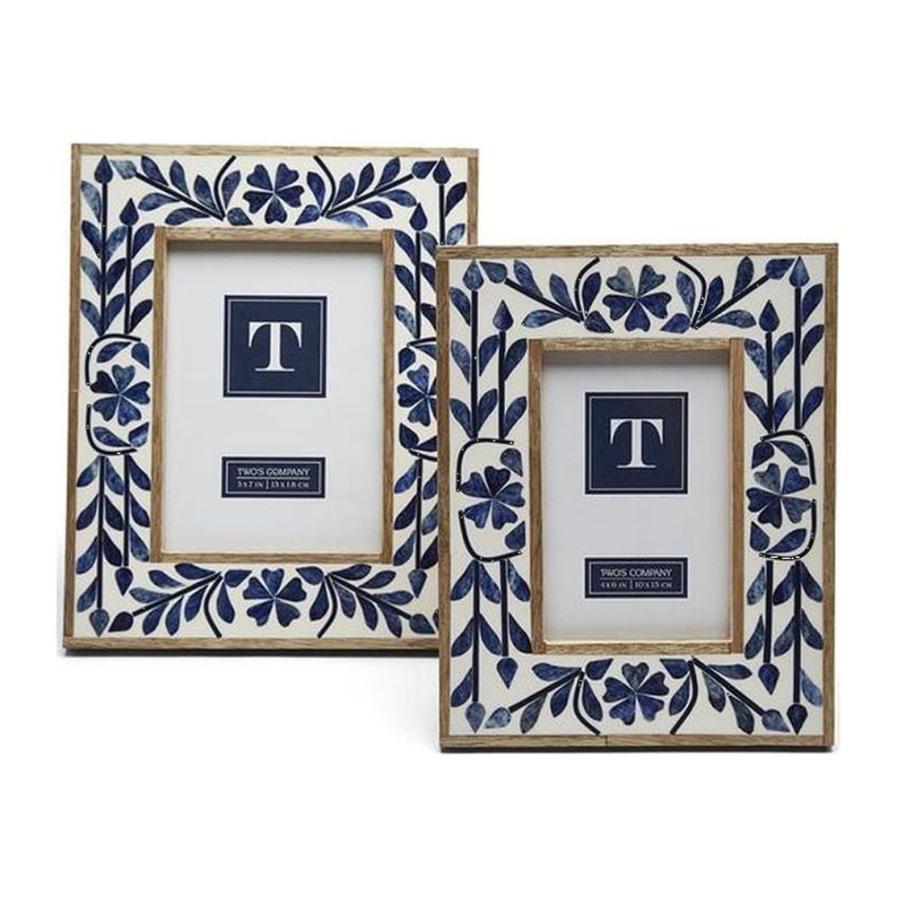 Classic Indigo Flower Bone Inlay 4x6 Tabletop Photo Frame