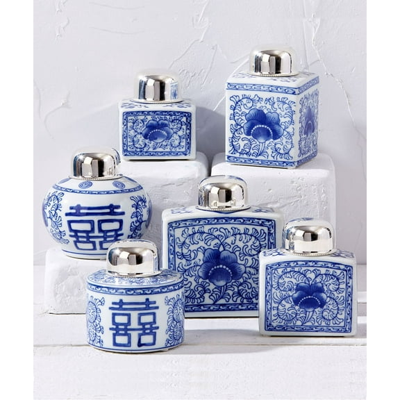 Two's Company Canton Collection Set of 6 Tea Jars with Nickel-Plated Lid