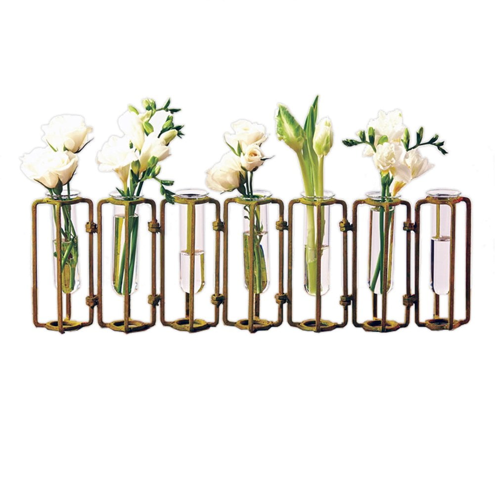 Antiqued Gold Hinged Metal and Glass Flower Vases Set
