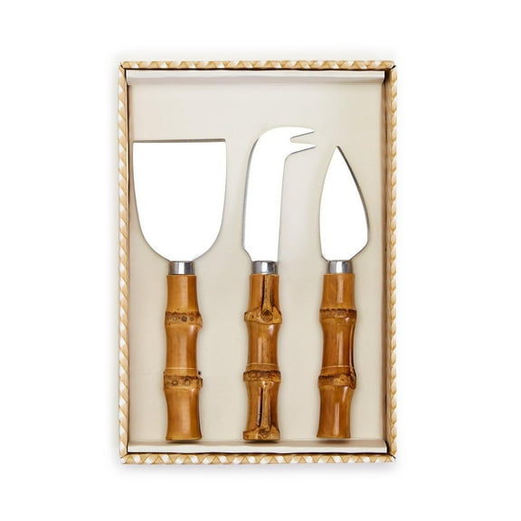 Two's Company Set Of 3 Natural Bamboo Handle Cheese Knives In Gift Box